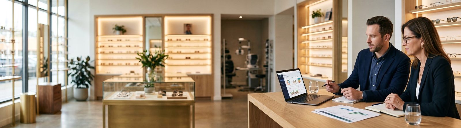 Optical dispensary with lit frame displays along the walls, two people reviewing a laptop at a counter, and exam equipment visible through a doorway