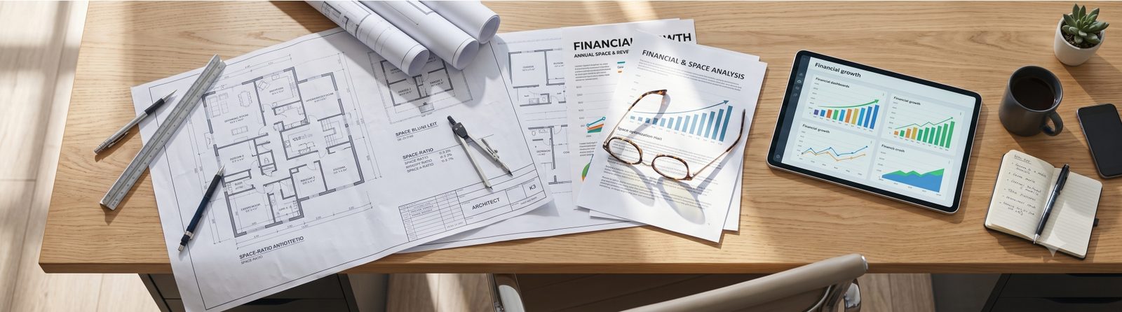 Desk seen from above with rolled floor plans, a scale ruler and compass, printed financial charts and a tablet showing graphs
